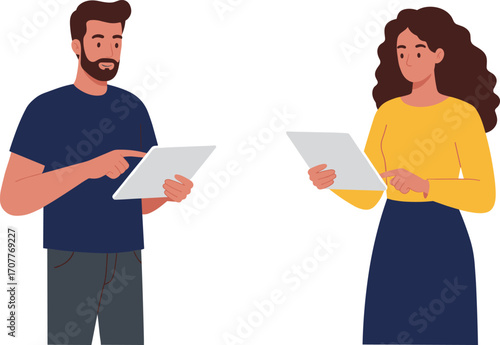 Two casual professionals using tablet devices for digital tasks, ideal for modern technology, remote work, and online collaboration visuals
