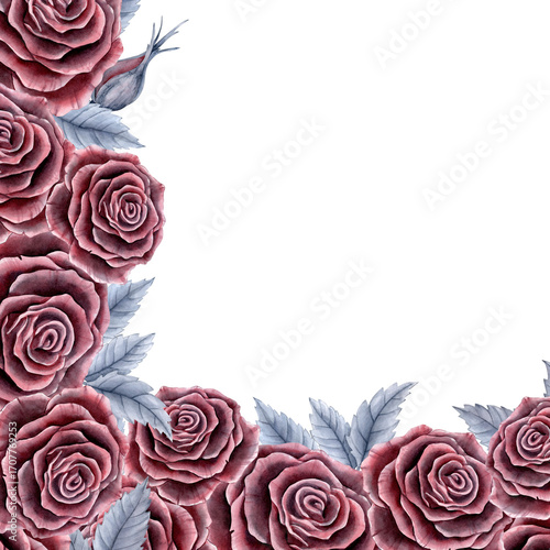 Corner frame made of burgundy roses and gray leaves. Realistic detailed illustration for postcards, covers, prints.