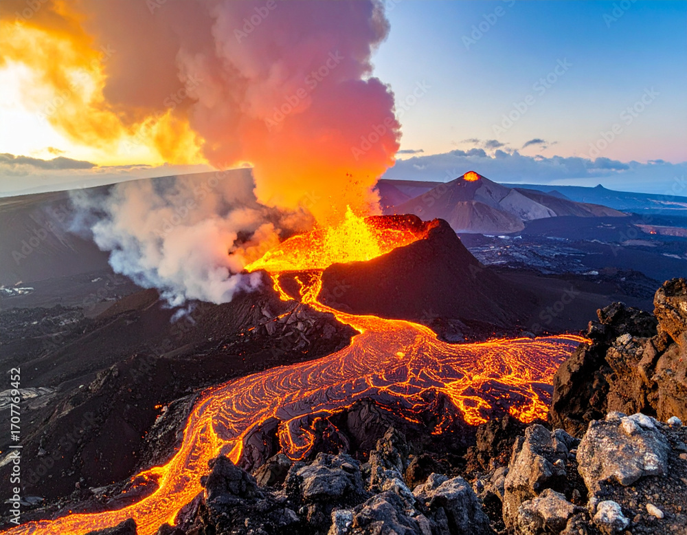 Fototapeta premium Dramatic Eruption Scenery of Volcano with Flowing Lava Landscape