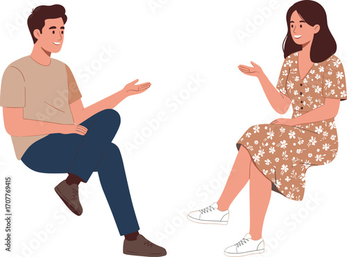 Two casually dressed characters seated and gesturing in conversation, ideal for social interaction, relationships, and lifestyle communication visuals
