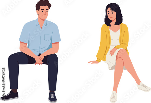Two casually dressed characters seated in relaxed postures, ideal for lifestyle, fashion, social interaction, and everyday illustration content
