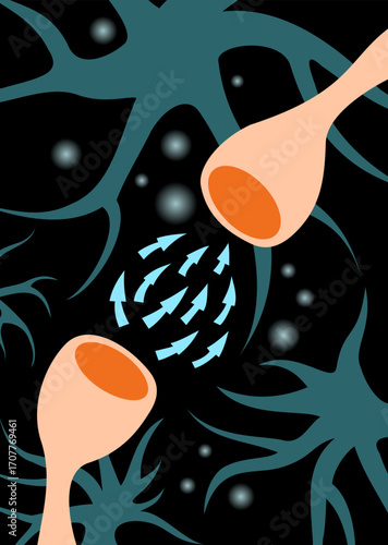 Dopamine, neurotransmitter released by neurons. Human nervous system activity illustration.