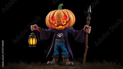 Eerie pumpkin character with glowing eyes, holding a rustic lantern and staff, embodies the festive spirit of spooky season celebrations and mysterious autumnal nights