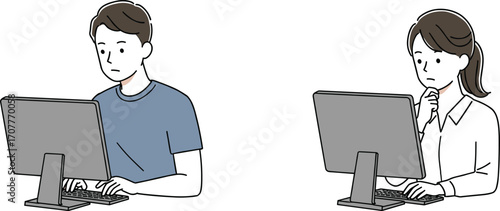 Two individuals seated at desks working on desktop computers, ideal for remote work, online learning, and digital productivity visuals