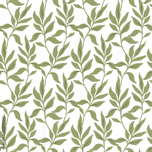 Green palm leaves seamless pattern, simple hand drawn vector greenery background for textile, or wallpaper, scrapbook and surface design.