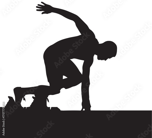 Vector Illustration of a Man Silhouette Getting Ready for Running – Athletic Male Sprinter in Starting Position, Sports Training Concept, Fitness and Exercise Design Element Isolated on White 