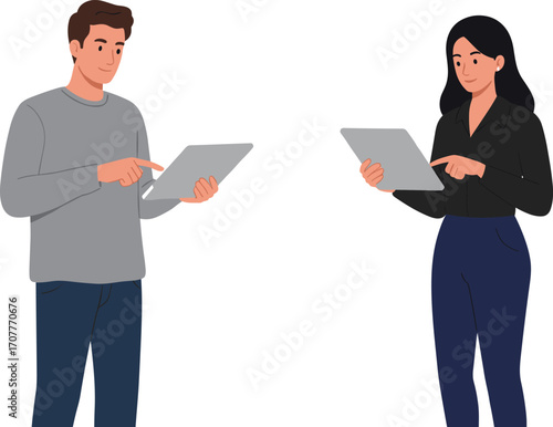 Two professionals interacting with tablet devices in a collaborative setting, ideal for digital communication, teamwork, and modern workplace visuals