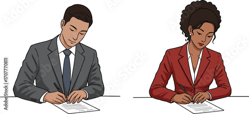 Two professionals seated at a table writing on paper, ideal for office documentation, contract signing, and workplace assessment visuals
