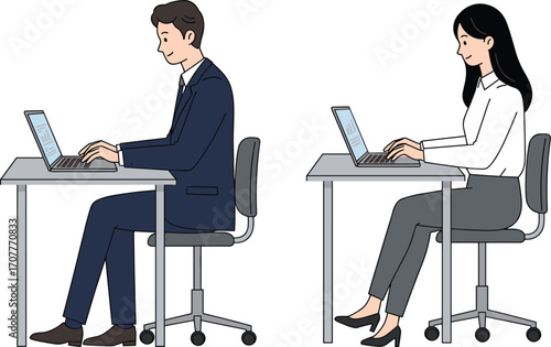Two professionals seated at desks working on laptops, ideal for office tasks, remote work, and digital collaboration visuals