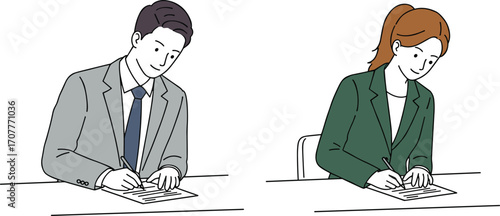 Two professionals seated at desks writing on paper, ideal for exams, interviews, office documentation, and workplace assessment visuals