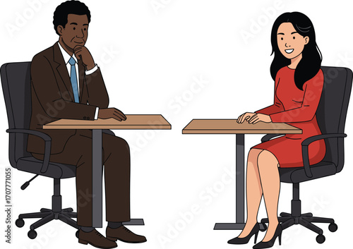 Two professionals seated at separate desks in conversation, ideal for interviews, meetings, and formal workplace interaction visuals