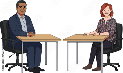 Two professionals seated at separate tables facing each other, ideal for interviews, meetings, workplace interaction, and corporate discussion visuals