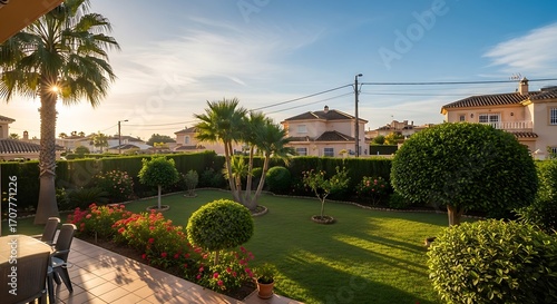 A sun-drenched garden boasts lush greenery and colorful blooms, framed by neighboring homes at sunrise.