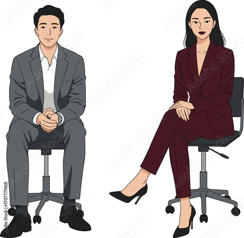 Two professionals seated in office chairs with formal posture, ideal for interviews, meetings, and corporate representation visuals