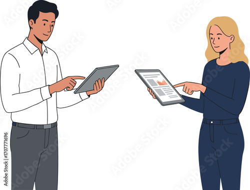 Two professionals using tablet devices for digital tasks, ideal for technology, data analysis, remote work, and modern workplace concepts