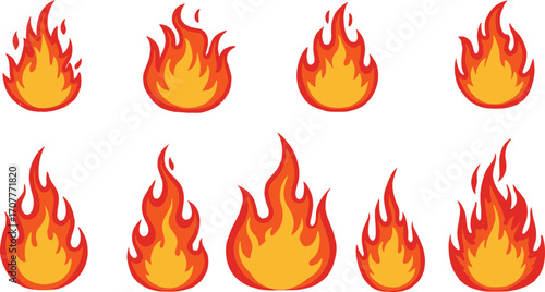 Multiple vibrant orange and yellow flame illustrations on transparent background