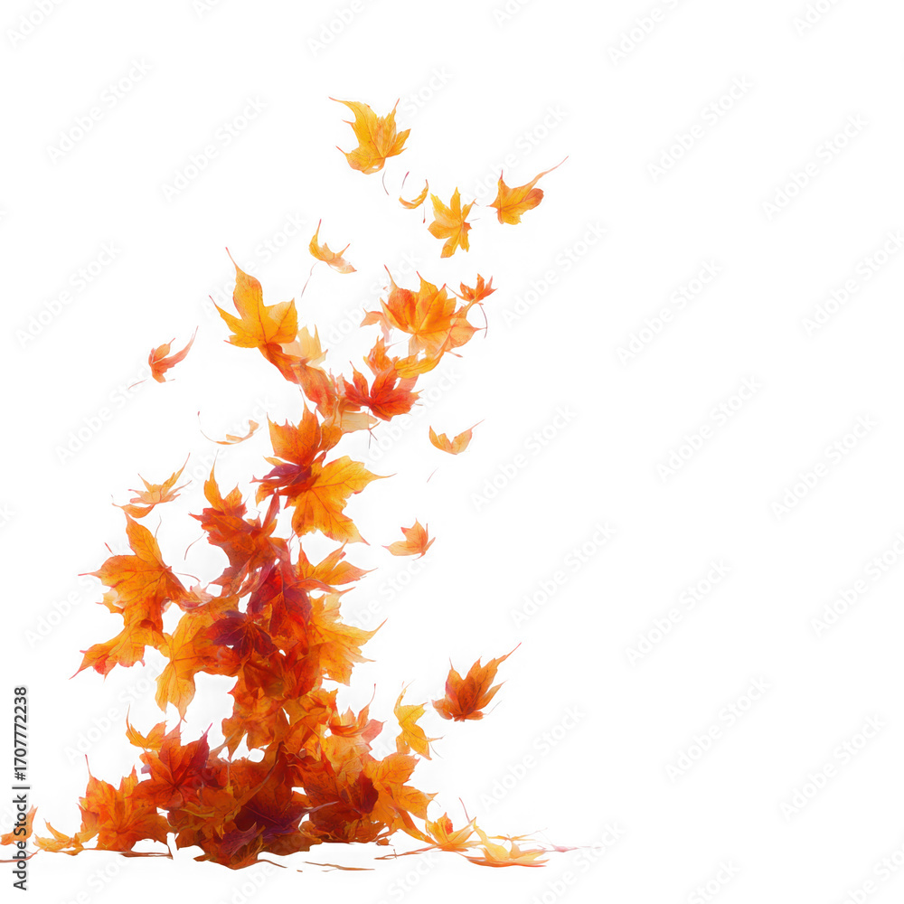 Fototapeta premium A vibrant cascade of autumn maple leaves falling in a swirling motion isolated on transparent background