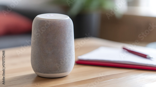 Smart speaker on wooden table next to notebook and pen in home setting