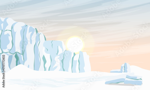 The sun rises from behind a glacier in the far north. Vector realistic landscape of the Arctic.