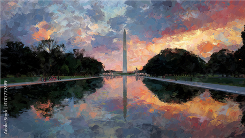 Vector illustration of Washington Monument on evening, oil painting