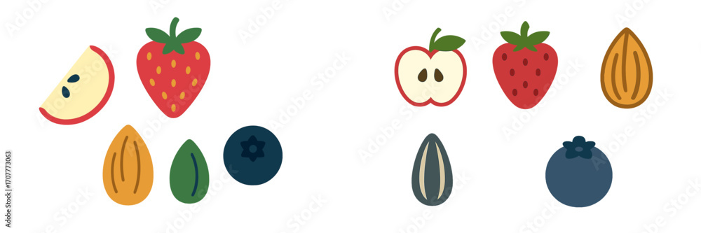 Fototapeta premium Assortment of fresh fruits and nuts including apple, strawberry, blueberry, and almond for healthy eating