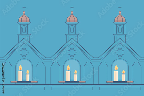 Three church facades with lit candles in arched windows on a blue background in vector style