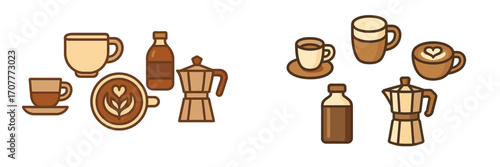 Assortment of coffee cups, mugs, espresso maker, and beverage bottle with various styles and designs for hot drinks