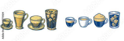 Stylized collection of various coffee beverages, including espresso, latte, cappuccino, and refreshing iced coffee