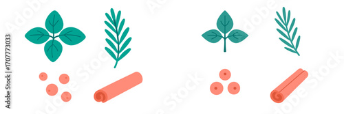 Assortment of fresh green herbs like mint and rosemary, along with aromatic cinnamon sticks and red berries for culinary use