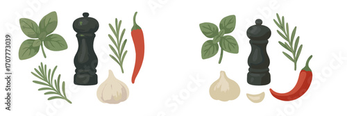 Assortment of fresh cooking herbs and spices including basil, rosemary, garlic, and chili pepper with a pepper mill