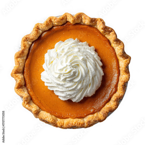 Delicious pumpkin pie topped with whipped cream isolated on transparent background