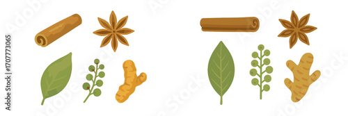 Assortment of aromatic cooking spices and fresh herbs including cinnamon, star anise, ginger, bay leaf, and peppercorns