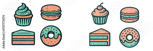 Assortment of colorful sweet desserts including cupcakes, macarons, donuts, and cake slices with textured details