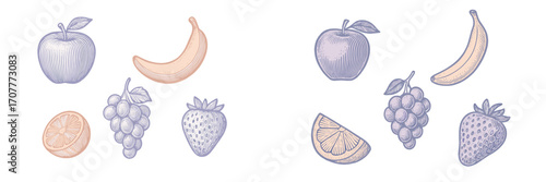 Assortment of fresh fruits in a vintage woodcut style including apples, bananas, grapes, strawberries, and orange slices