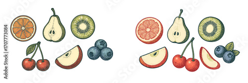 Assortment of fresh organic fruits including orange, pear, kiwi, cherry, apple, and blueberries for healthy eating