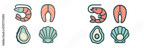 Collection of various seafood icons including shrimp, salmon, oyster, and scallop