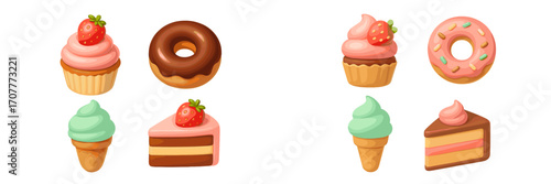 Delicious assortment of sweet desserts featuring cupcakes, frosted donuts, ice cream cones, and cake slices