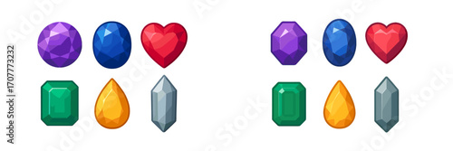 Assortment of vibrant faceted gemstones in diverse shapes including round, oval, heart, emerald, teardrop, and marquise cuts