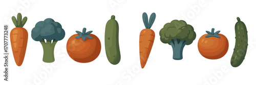 Vibrant selection of wholesome garden vegetables including carrots, broccoli, tomatoes, and cucumbers arranged in a neat row