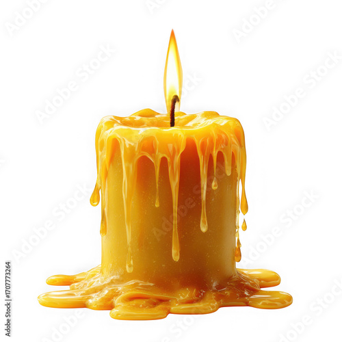 A lit beeswax candle with dripping wax and a bright flame isolated on transparent background