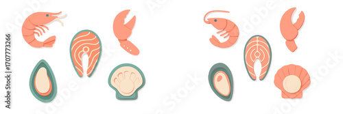 Delicious fresh seafood collection with shrimp, salmon, crab, mussel, and scallop