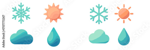 Modern collection of weather forecast symbols including sun, snowflake, cloud, and raindrop icons for daily climate predictions and meteorological updates
