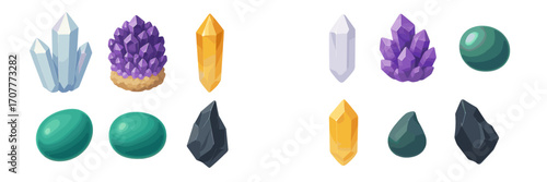Colorful stylized crystals and polished gemstones in various shapes, including faceted clusters, smooth ovals, and raw mineral forms