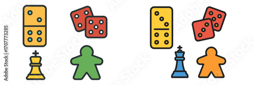 Vibrant collection of classic board game pieces, featuring dominoes, dice, a chess king, and meeples, for leisure and strategy