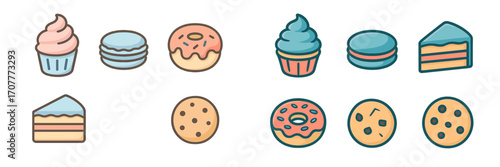 Collection of colorful sweet desserts including cupcakes, macarons, donuts, cake slices, and cookies
