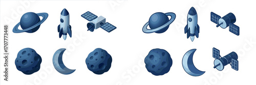 Collection of space objects including planets, rockets, satellites, and celestial bodies in a stylized blue color palette