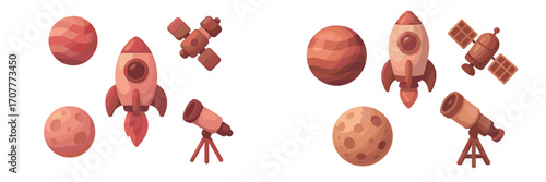 Colorful collection of space exploration elements including a rocket, planets, satellite, and telescope for cosmic discovery