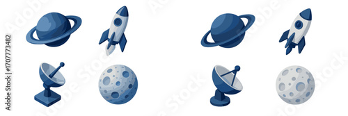Collection of stylized space objects including planets, rockets, moon, and satellite dishes for cosmic exploration