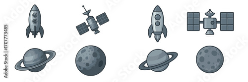 Set of space exploration elements featuring rockets, communication satellites, ringed planets, and cratered moon icons