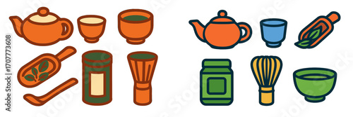 Essential Japanese tea ceremony items for matcha green tea preparation including teapots, bowls, whisks, and scoops